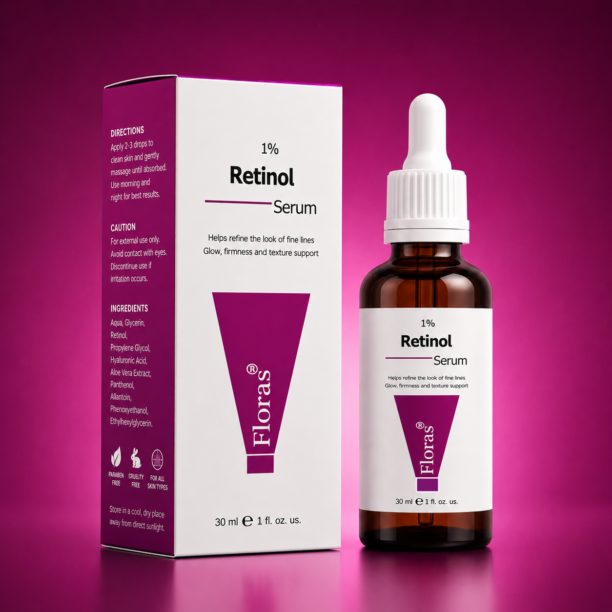 Floras Retinol 1% Renewal Serum – Niacinamide, Hyaluronic Acid & Vitamin E | Anti Aging Night Serum for Smoother, Younger-Looking Skin | 30ml